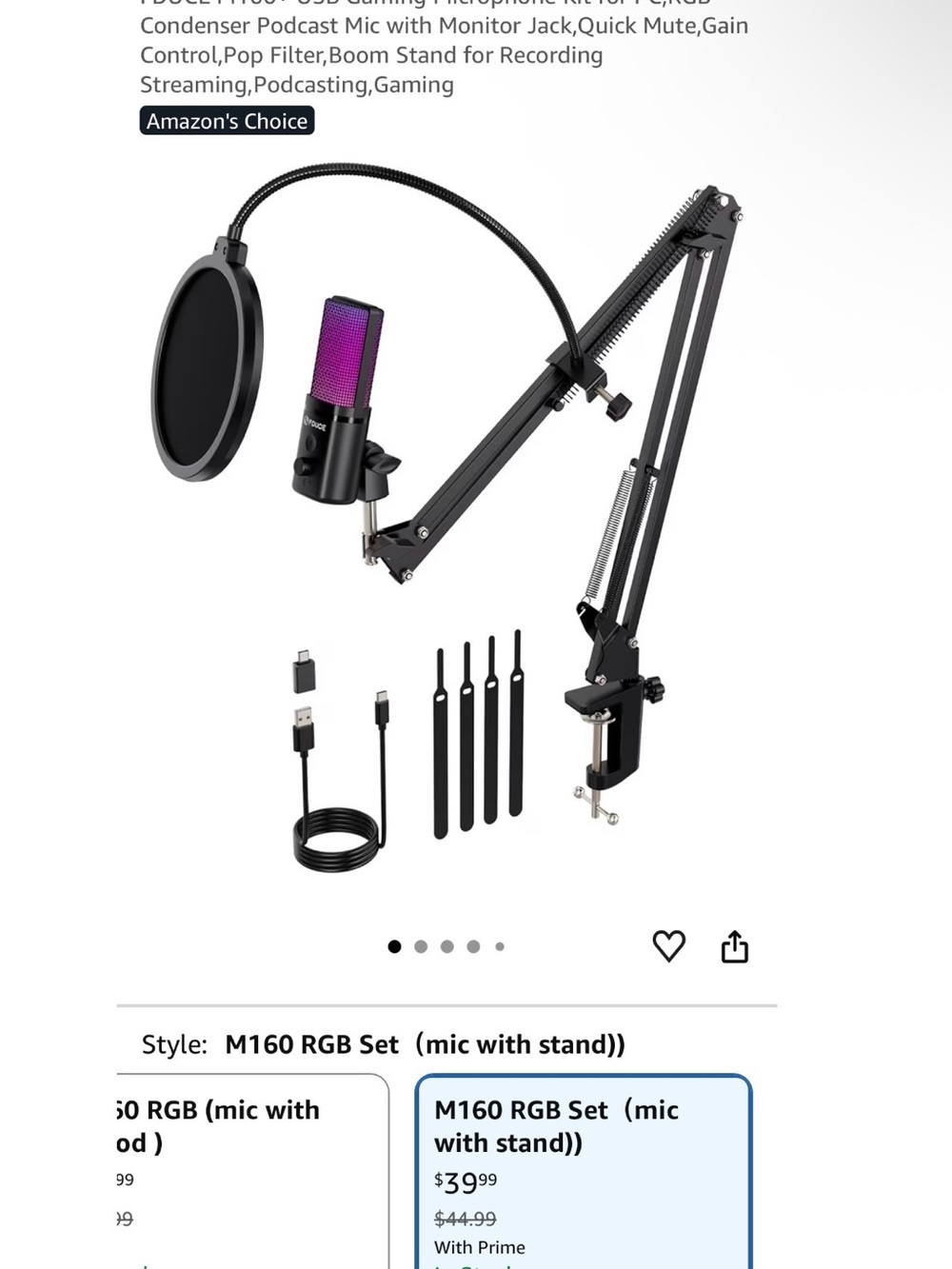 M160 RGB USB Condenser Microphone Set with Adjustable Boom Arm - Black/Purple